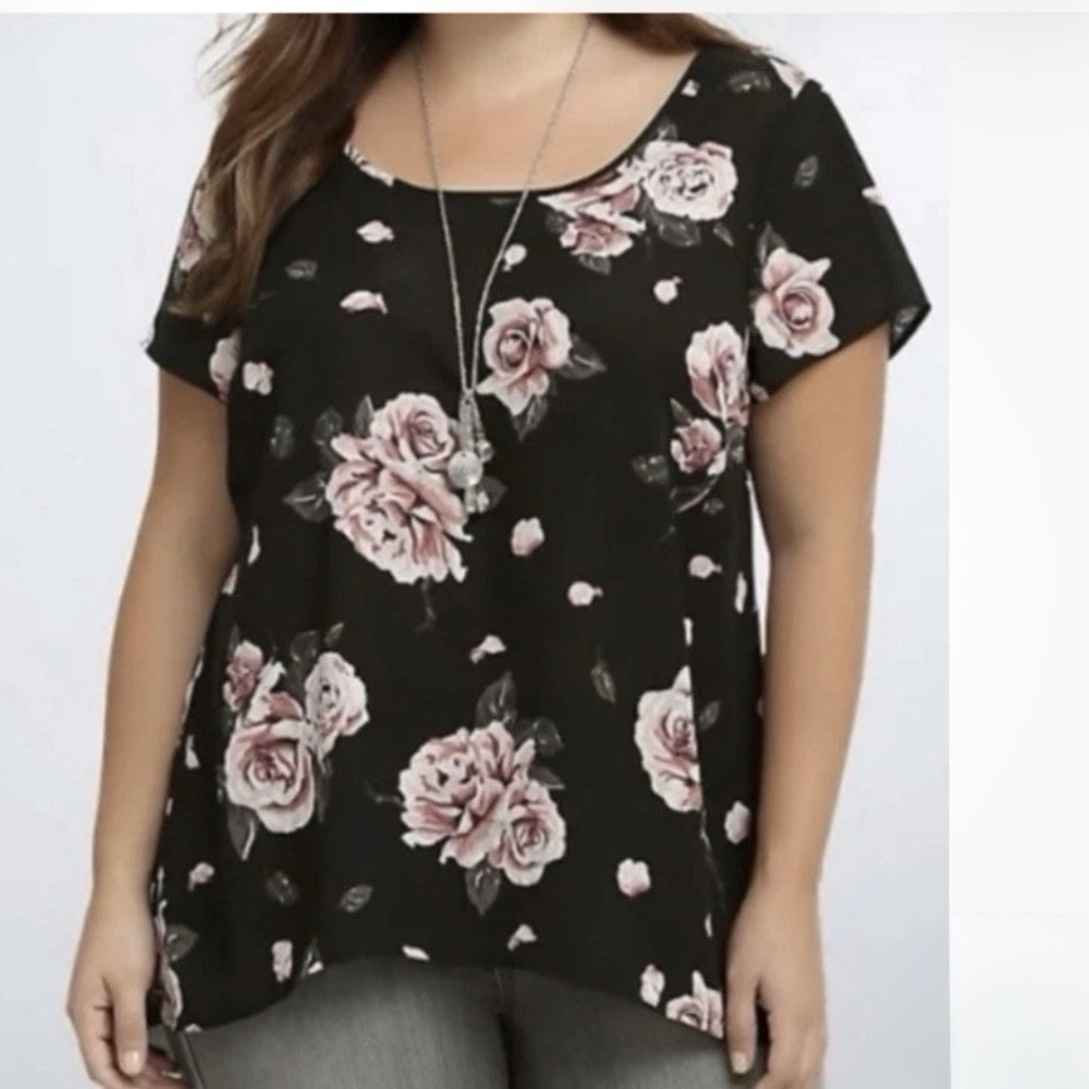 Torrid Black Pink Floral Georgette Hi‎ Low Short Sleeve Blouse Size 1X